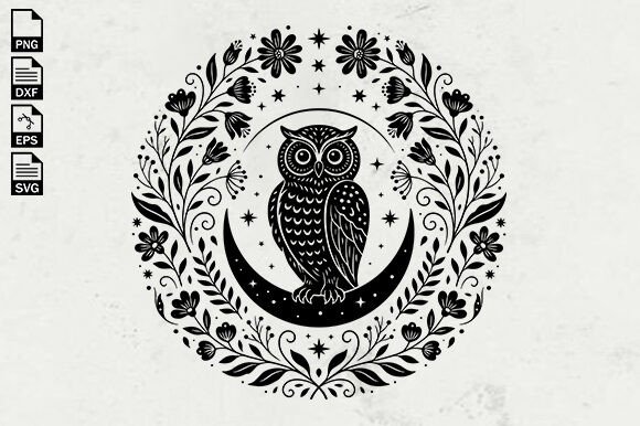 Boho Floral Owl SVG, Moon Owl SVG