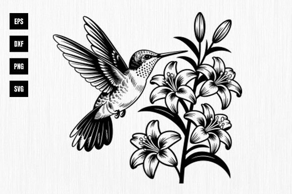 Hummingbird with Flower, Floral Bird Svg