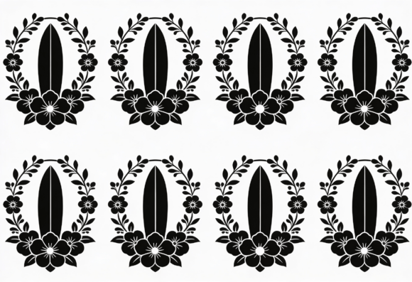 Surfboard Floral Wreath SVG Black